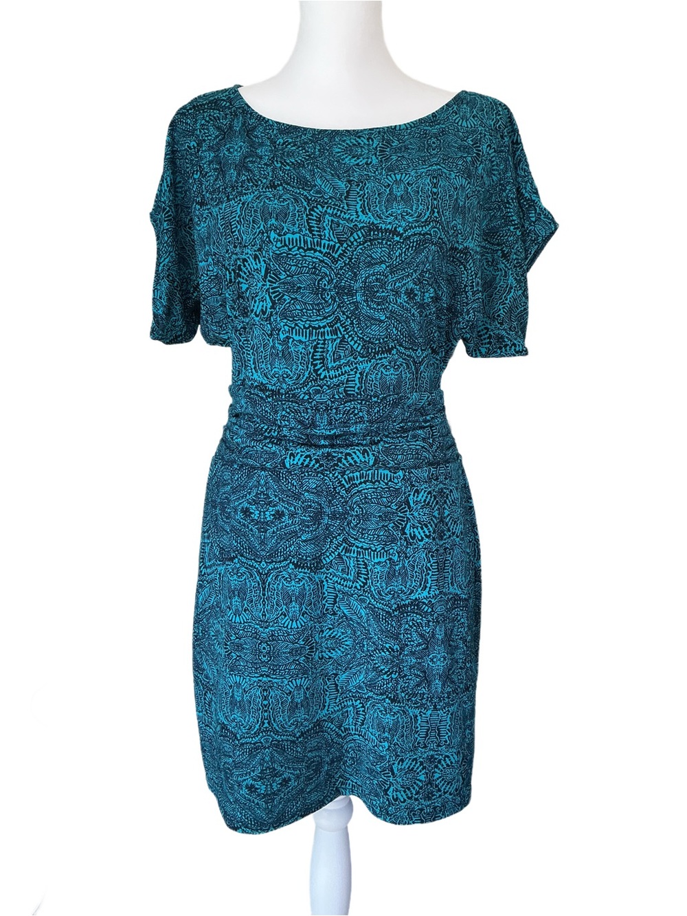 Ann Taylor Teal Patterned Kimono Sleeve Popover Stretchy Dress